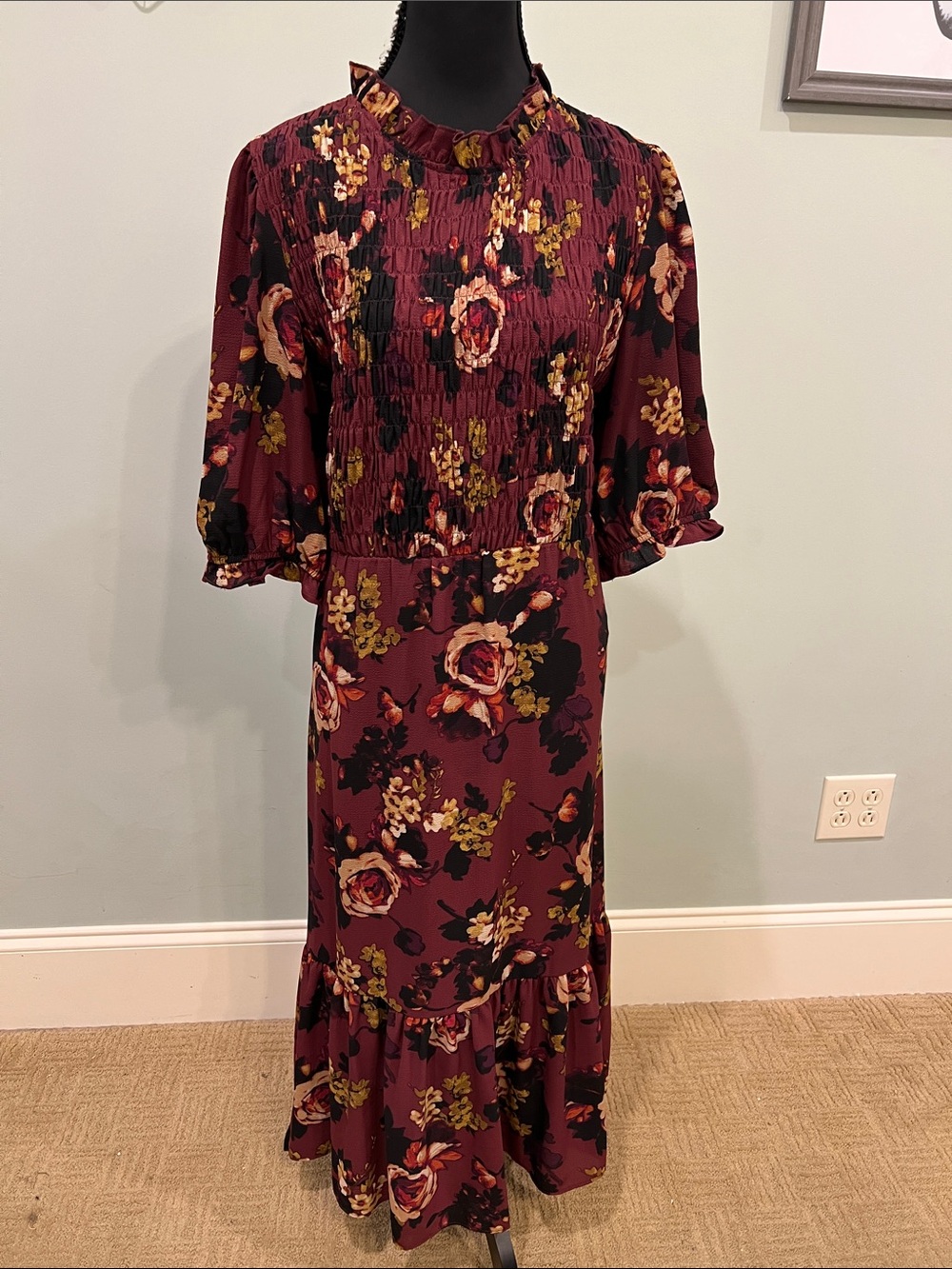 London Times Burgundy Floral Maxi Dress with Gold and Black Accents